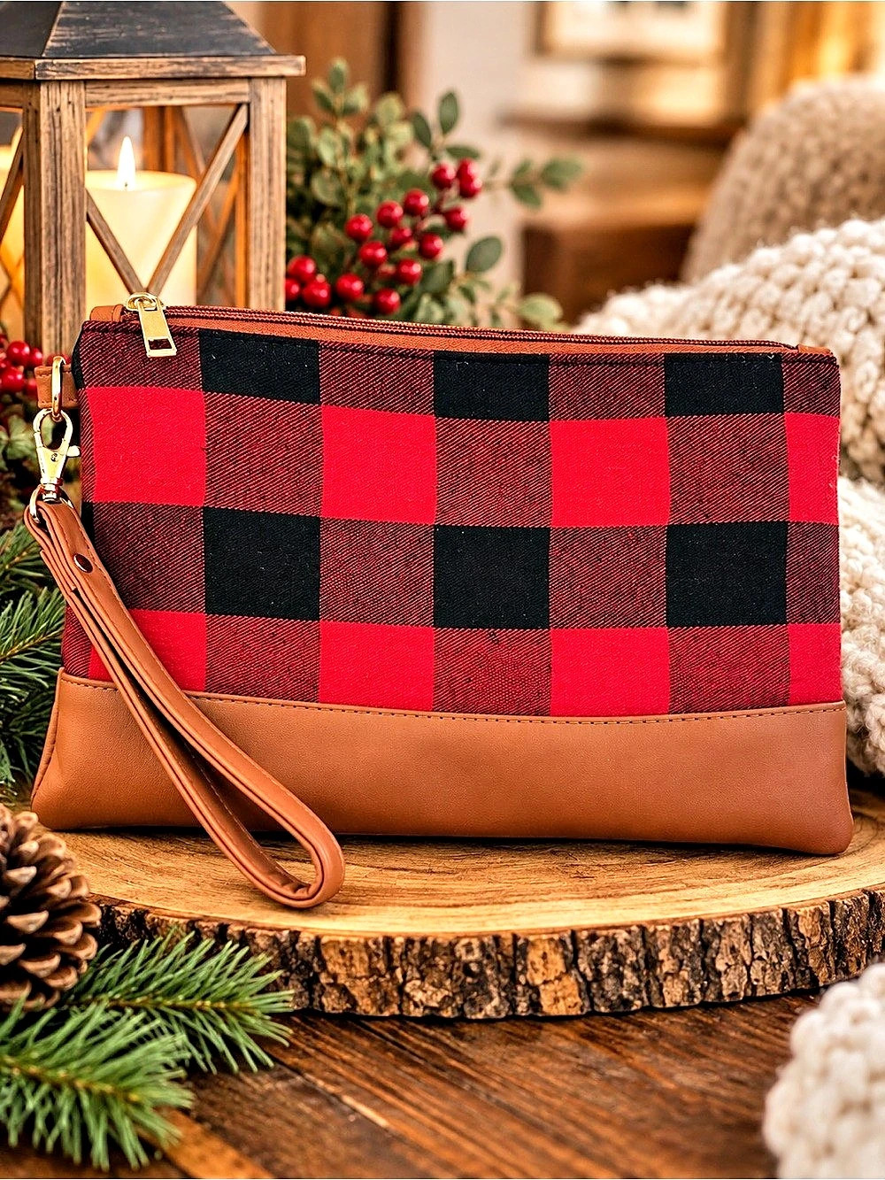 LN Buffalo Plaid Wristlet Clutch Red Black Cognac Brown Fall Christmas Bag